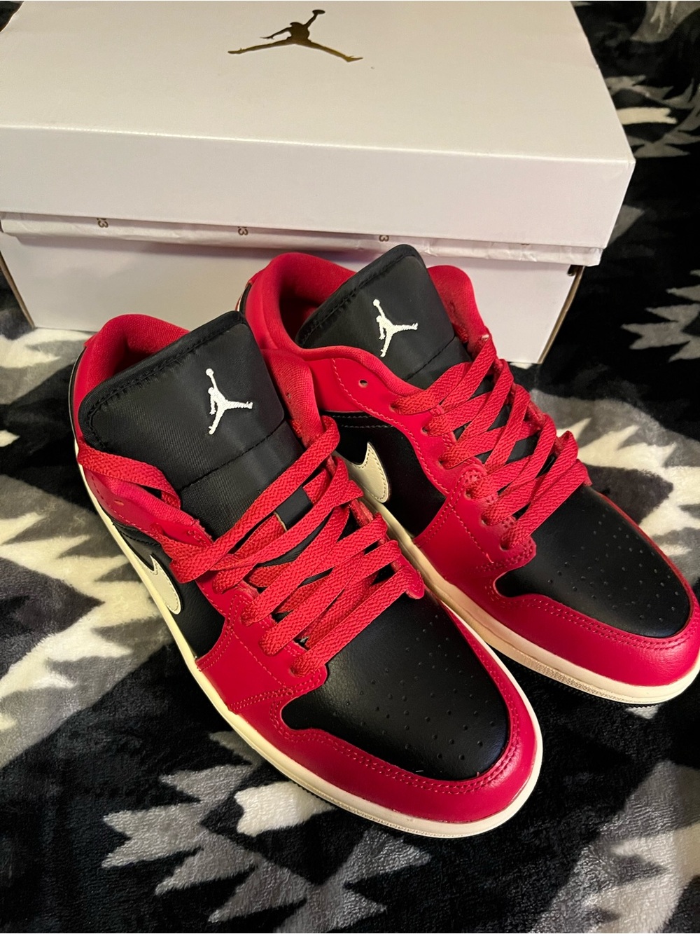 Air Jordan 1 Low Sneakers in Black, Red, Cream (mystic hibiscus/coconut milk)
